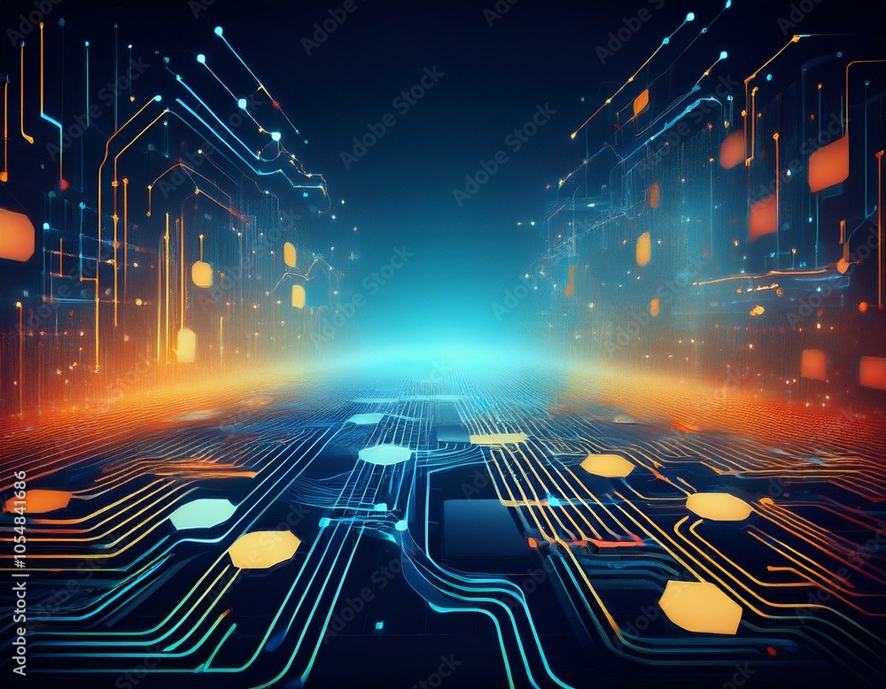 Fototapeta premium Digital background with AI-inspired elements for data transfer, tech processes, and neural networks, ideal for secure and multimedia projects
