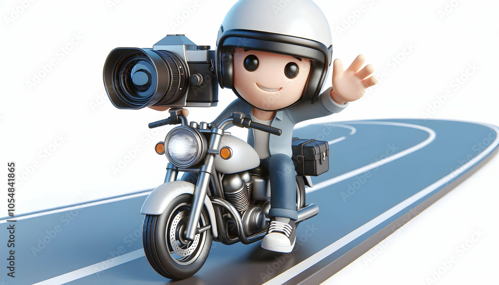 3D Candid Image Motorcyclist Waving Camera Road Trip Adventure Excitement Freedom Solo Journey Open Road Icon White Background 3D Candid Image Motorcyclist Waving Camera Road Trip Adventure Excitement Freedom Solo Journey Open Road Icon White Background