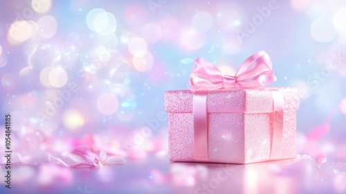 A chic, rose gold gift box with a bow, surrounded by soft, blurred abstract lights in the background.