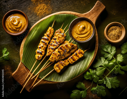 Indonesian cuisine : Chicken satay, grilled chicken with peanut sauce photo