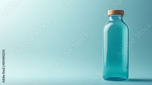 Eco-friendly glass jar with wooden lid on blue background with plenty of copy space, container for food or drinks