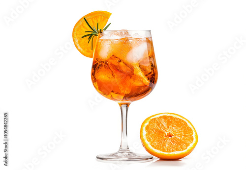 Alcoholic cocktail aperol spritzer with prosecco and orange slices on white background. Alcoholic drinks.