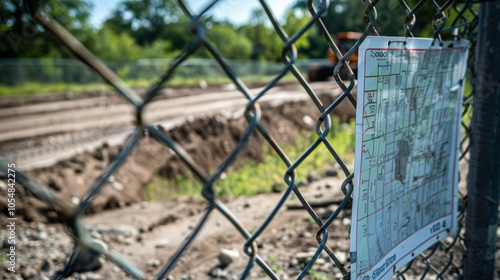 A handdrawn map attached to a metal fence outlining the construction site and its progress guiding curious onlookers from a safe distance.