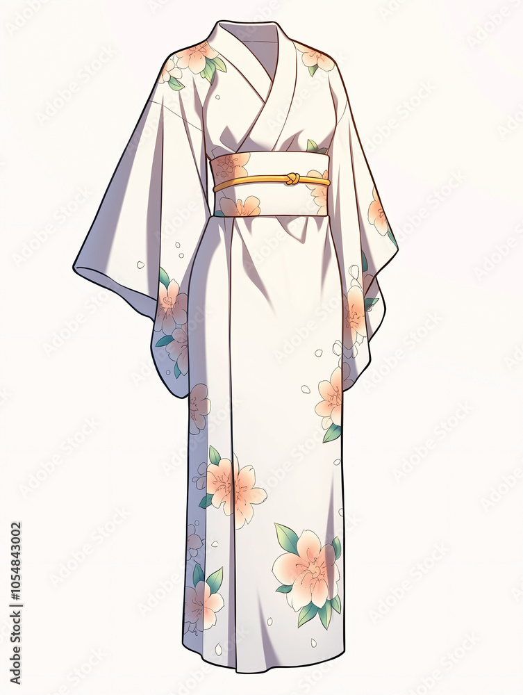 Elegant White Kimono with Cherry Blossom Pattern - Japanese Fashion Illustration Elegant White Kimono with Cherry Blossom Pattern - Japanese Fashion Illustration