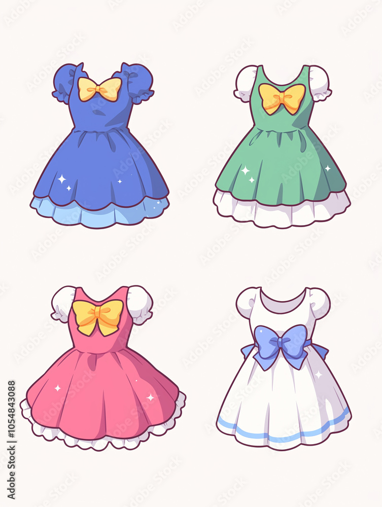 Cute Pastel Dresses with Bows: A Kawaii Fashion Illustration Cute Pastel Dresses with Bows: A Kawaii Fashion Illustration