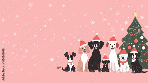 Flat design, cartoon, vector illustration of a funny group of dogs sitting in a row with their Christmas hats, Christmas tree, pink background and snowflakes, copy space