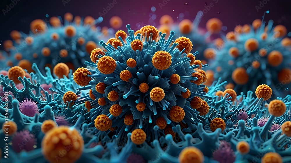 Image of influenza virus particles spreading across a surface, with intricate details showing the virus structure and spread Image of influenza virus particles spreading across a surface, with intricate details showing the virus structure and spread