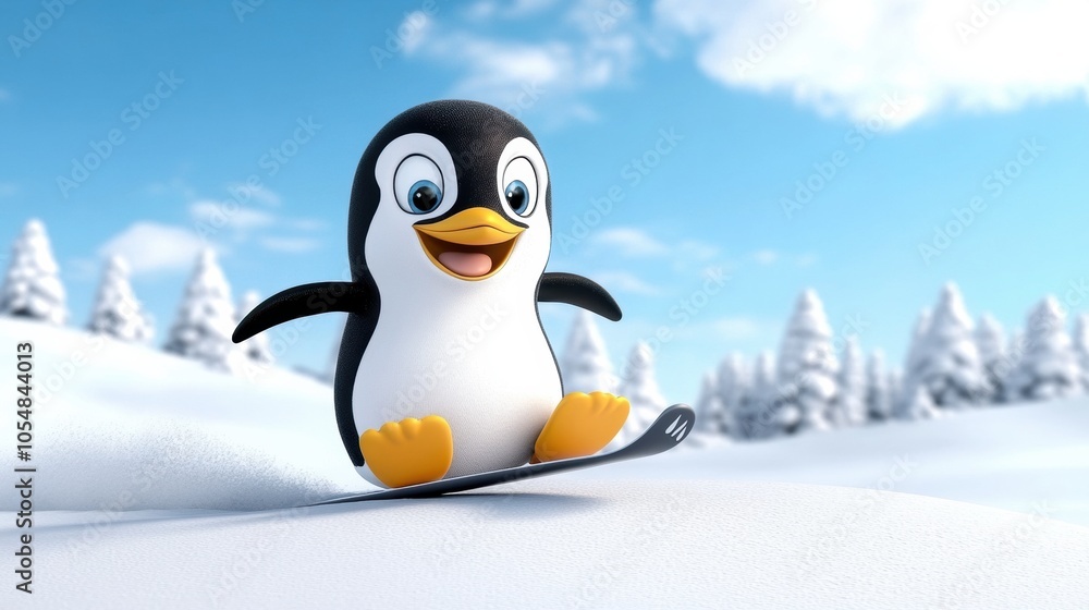 Obraz premium Cute Penguin Snowboarding on Gentle Slope