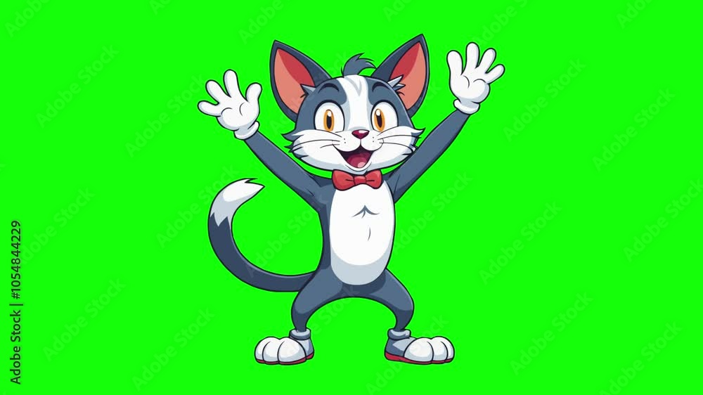 Animated character of a funny cat who greets the viewer and waves his hand, on a green background chromakey, idea for promotional video, animal mascot Animated character of a funny cat who greets the viewer and waves his hand, on a green background chromakey, idea for promotional video, animal mascot