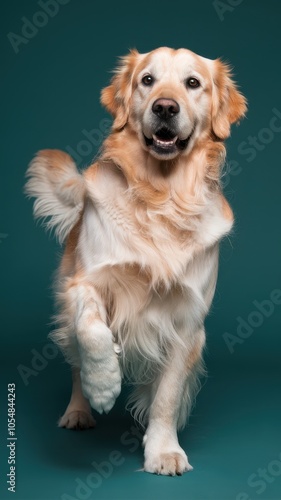 Close-Up of Golden Retriever Dog Smiling with Raised Paws in Motion