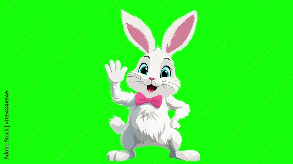 Animated character of a easter bunny who greets the viewer and waves his hand, on a green background chromakey, idea for easter promotional video, spring mascot Animated character of a easter bunny who greets the viewer and waves his hand, on a green background chromakey, idea for easter promotional video, spring mascot