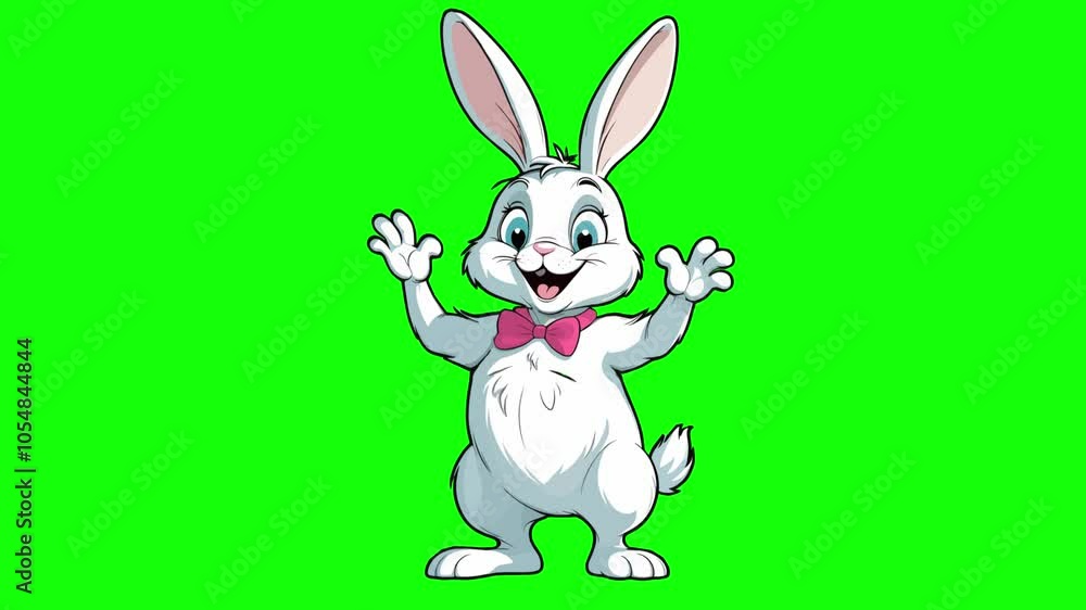 Animated character of a easter bunny who greets the viewer and waves his hand, on a green background chromakey, idea for easter promotional video, spring mascot Animated character of a easter bunny who greets the viewer and waves his hand, on a green background chromakey, idea for easter promotional video, spring mascot