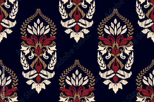 Ikat floral paisley embroidery on black background.geometric ethnic oriental pattern traditional.Aztec style abstract vector illustration.design for 