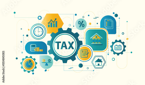 Business tax management with icons concept. Tax deduction planning and calculation tax return from government. personal taxes report. Financial research, Taxation time. Infographic vector illustration