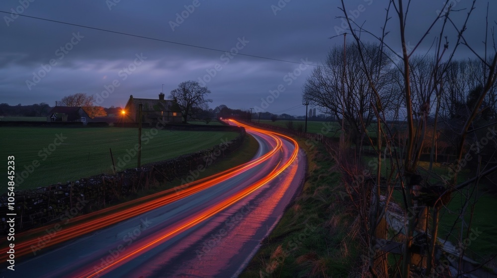 A peaceful countryside with a charming historic farm in the distance contrasted by the streaks of car light trails passing through the fields. A peaceful countryside with a charming historic farm in the distance contrasted by the streaks of car light trails passing through the fields.