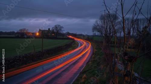 A peaceful countryside with a charming historic farm in the distance contrasted by the streaks of car light trails passing through the fields.