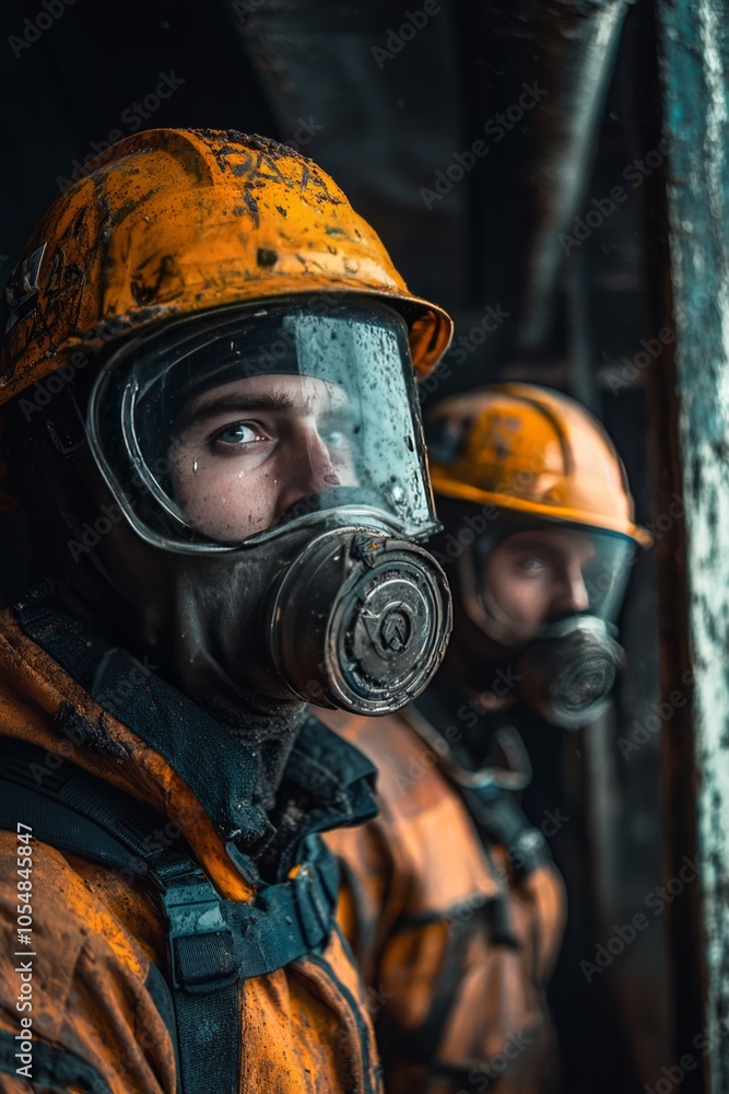 Miners inspecting equipment for safety. They are making sure everything is in good condition before starting their shift Miners inspecting equipment for safety. They are making sure everything is in good condition before starting their shift