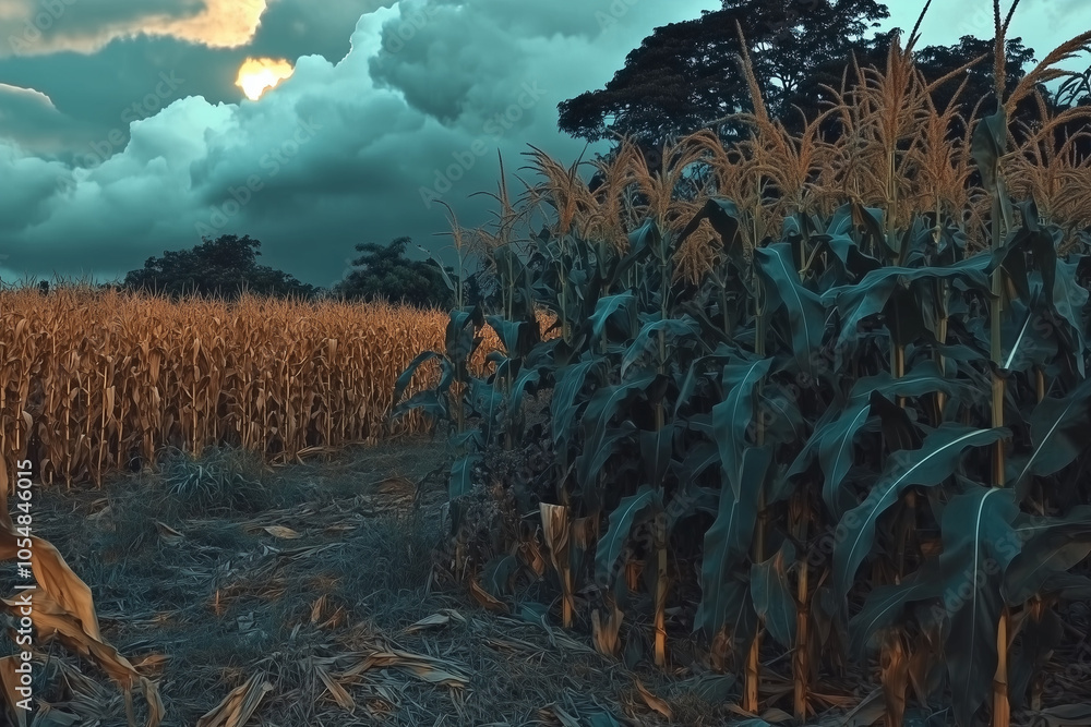 Storms clouds with over the corn maze field, full moon, evoking an air of mystery hunting scene at midnight, a invisible Hunter man standing in the field. Seems like burning something. with well-rende Storms clouds with over the corn maze field, full moon, evoking an air of mystery hunting scene at midnight, a invisible Hunter man standing in the field. Seems like burning something. with well-rende