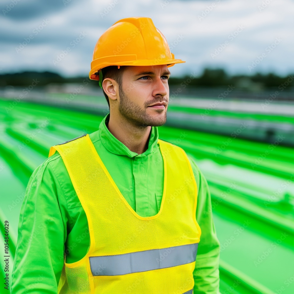 A worker in safety gear stands in an industrial setting with green structures. A worker in safety gear stands in an industrial setting with green structures.