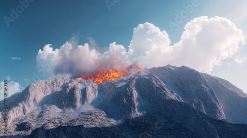 The top of mount olympus in Greek mythology erupting like a volcano releasing flames, smoke and debris into the sky as high as the clouds, high definition  photo