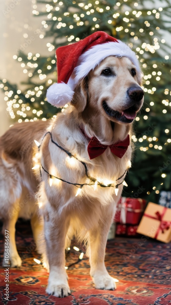 Festive Golden Retriever with Santa Hat, Bow Tie, and Christmas Lights Festive Golden Retriever with Santa Hat, Bow Tie, and Christmas Lights