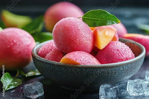 Fresh irwin mangoes with blush pink skin and juicy flesh in a bowl with ice and leaves photo