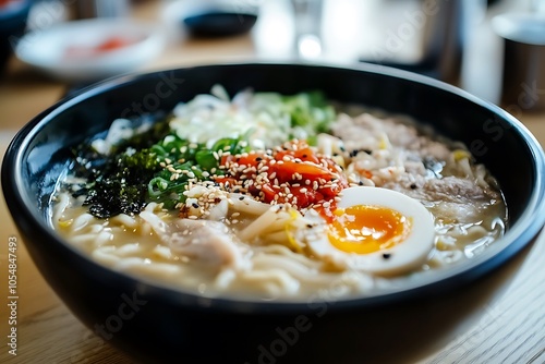 Delicious korean ramen with egg, pork, and spices served in a black bowl on a wooden table photo