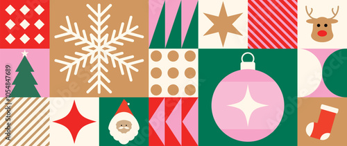 Merry Christmas and happy new year pattern background vector. Decorative elements of tree, snowflake, santa, reindeer, bauble. Design for banner, card, cover, poster, advertising.wallpaper, packaging.