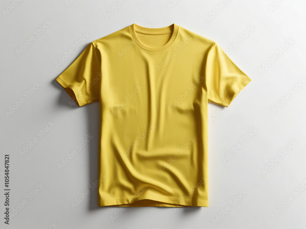 A yellow T-shirt is displayed on a light background. A yellow T-shirt is displayed on a light background.