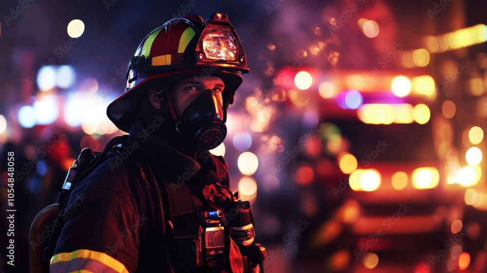Firefighter equipped with mask and protective gear, standing against blurred city lights, symbolizing bravery and resilience in firefighting. Firefighter equipped with mask and protective gear, standing against blurred city lights, symbolizing bravery and resilience in firefighting.