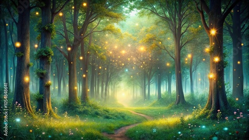Fototapeta Naklejka Na Ścianę i Meble -  A whimsical fairy-tale forest with tall trees and a carpet of sparkling fireflies, forest, sparkles, magic