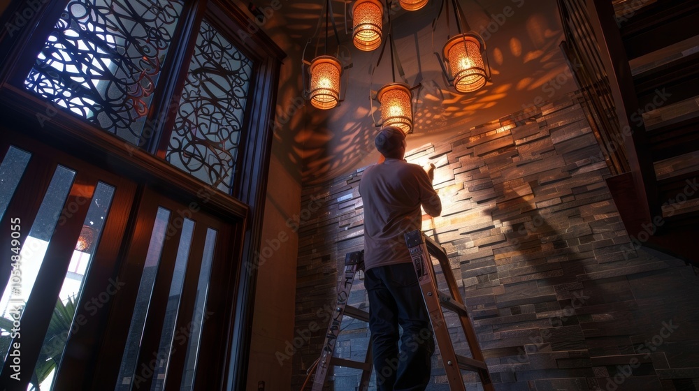 Standing on a ladder an interior designer hangs intricate light fixtures bringing warmth and illumination to the space. Standing on a ladder an interior designer hangs intricate light fixtures bringing warmth and illumination to the space.