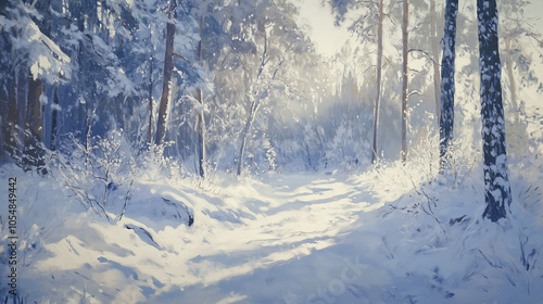 Magical winter forest, snow-covered trees with frost on the branches, soft diffused light breaks through the branches, snowdrifts sparkle, fabulous and calm atmosphere 