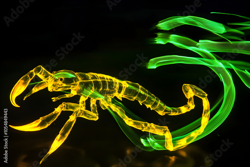 A striking scorpion silhouette aglow with green and yellow neon light trails set against a dark backdrop --ar 3:2 --s 50 photo