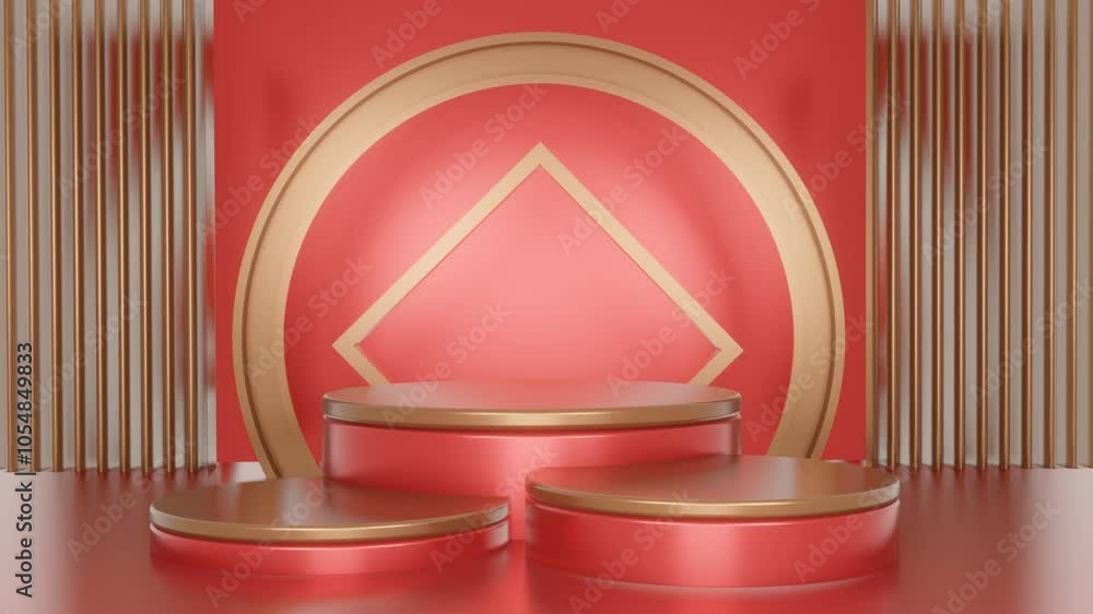 Red and gold luxury podium pedestal product display and red box background 3d rendering Red and gold luxury podium pedestal product display and red box background 3d rendering