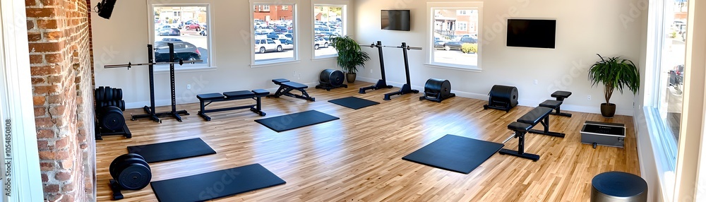 Naklejka premium Modern Home Gym Interior With Wooden Floor and Exercise Equipment.