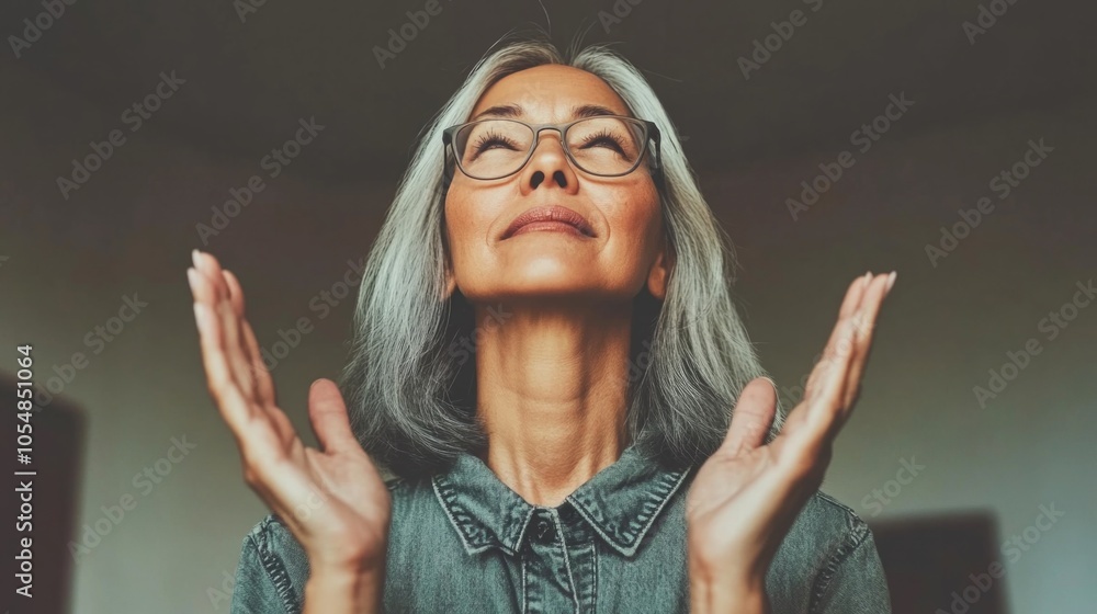 Φωτογραφία A old beautiful woman raising her hands, a scene of Christian worship in an intimate house church