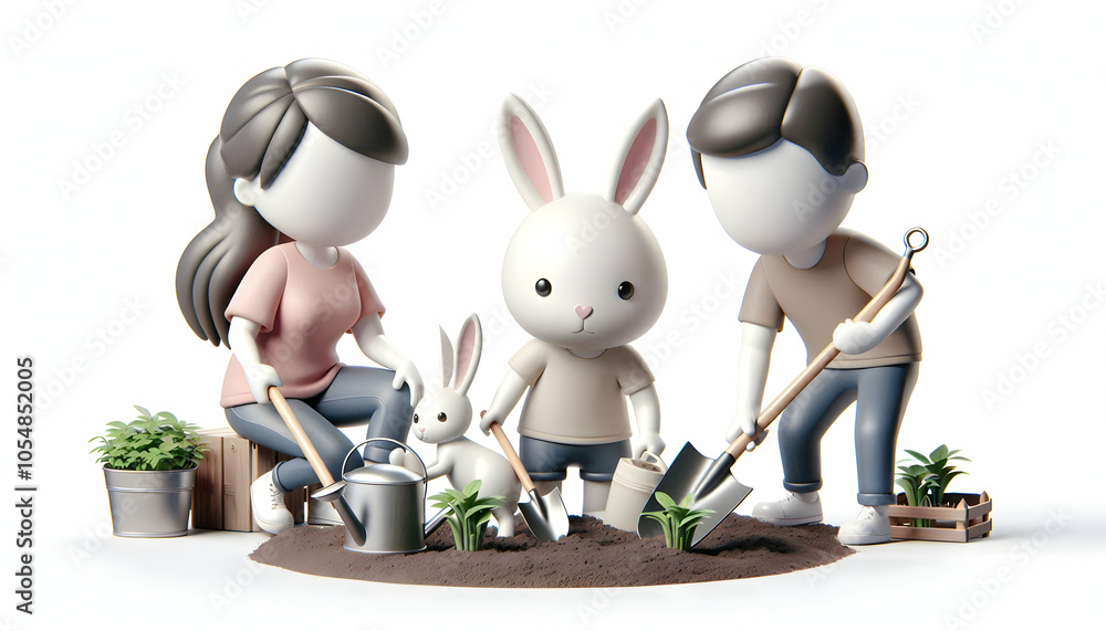3D Family Planting Garden with Pet Rabbit Nearby Concept, Candid Shot Capturing Family Bonding, Collaboration, Connection with Nature, 3D Icon Isolated on White Background 3D Family Planting Garden with Pet Rabbit Nearby Concept, Candid Shot Capturing Family Bonding, Collaboration, Connection with Nature, 3D Icon Isolated on White Background