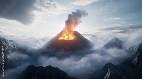 The top of mount olympus in Greek mythology erupting like a volcano releasing flames, smoke and debris into the sky as high as the clouds, high definition  photo