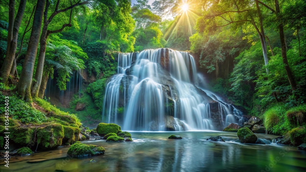 Obraz premium Waterfall in a serene forest during morning sunlight