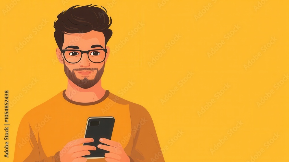 Man holding a smartphone, using face ID to unlock, flat vector style with clean lines Man holding a smartphone, using face ID to unlock, flat vector style with clean lines