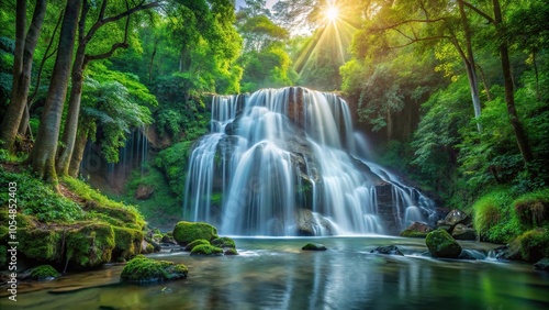 Waterfall in a serene forest during morning sunlight