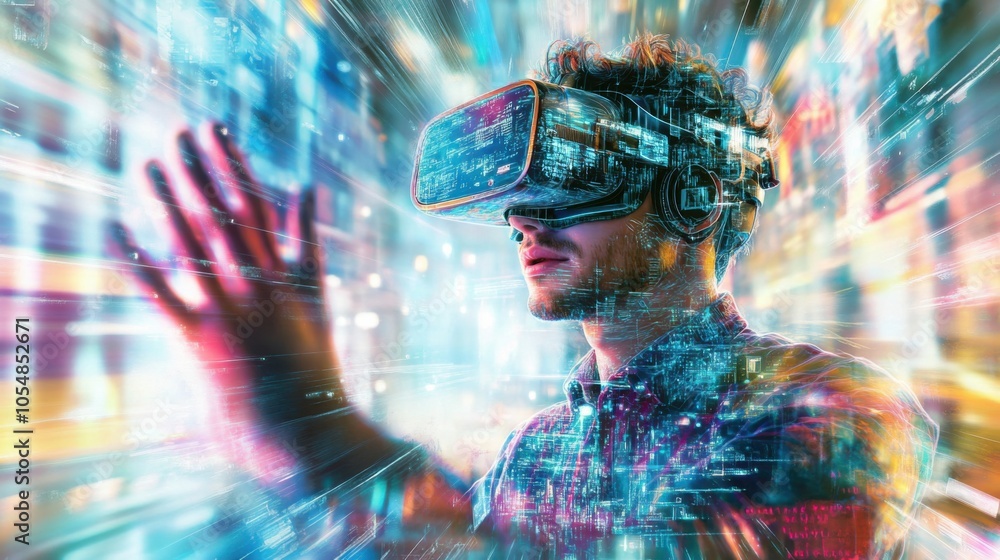 Man in a virtual reality world, wearing a VR headset, interacting with 3D objects, vector art Man in a virtual reality world, wearing a VR headset, interacting with 3D objects, vector art