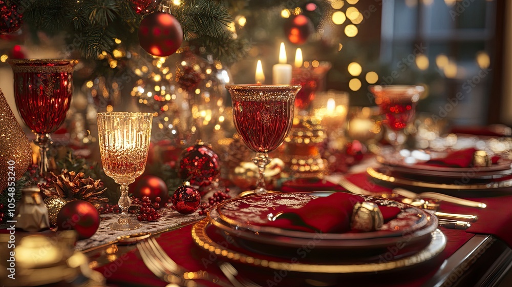 A Christmas table set with red and gold accents, festive centerpieces, and softly glowing candlelight for ambiance. A Christmas table set with red and gold accents, festive centerpieces, and softly glowing candlelight for ambiance.