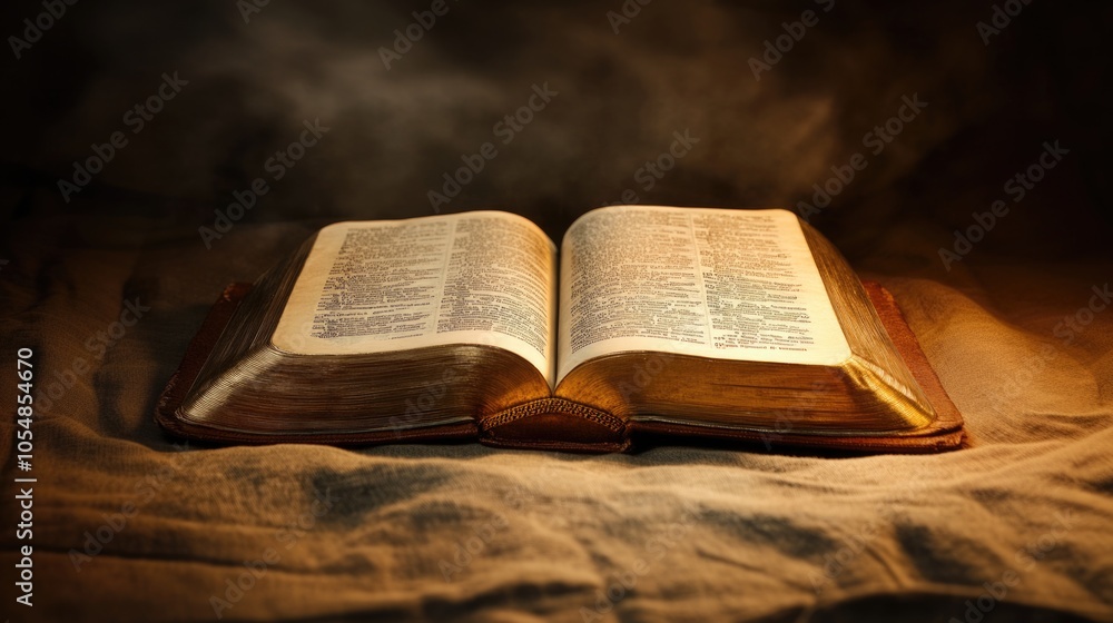 Fototapeta premium Old holy bible in the dark. Selective focus.