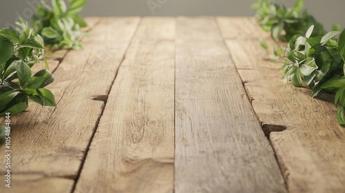 Wooden table adorned with organic elements, [table , wood , organic], ,