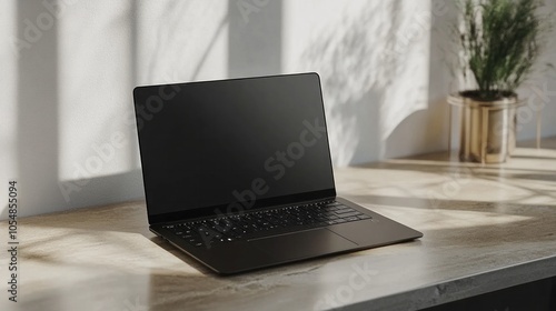 A laptop branding mockup showing the laptop open with a blank screen, ready to display logos or digital content for branding purposes. photo