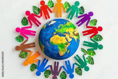 Colorful Representation of Global Unity and Environmental Awareness Featuring People Cutouts Surrounding Earth photo