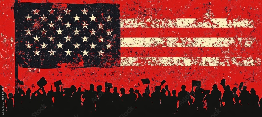 Silhouette of crowd people protest with America flag background. 4th of July or America independence day. Generative AI technology.