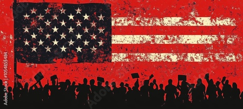 Obraz na płótnie Silhouette of crowd people protest with America flag background. 4th of July or America independence day. Generative AI technology.
w salonie